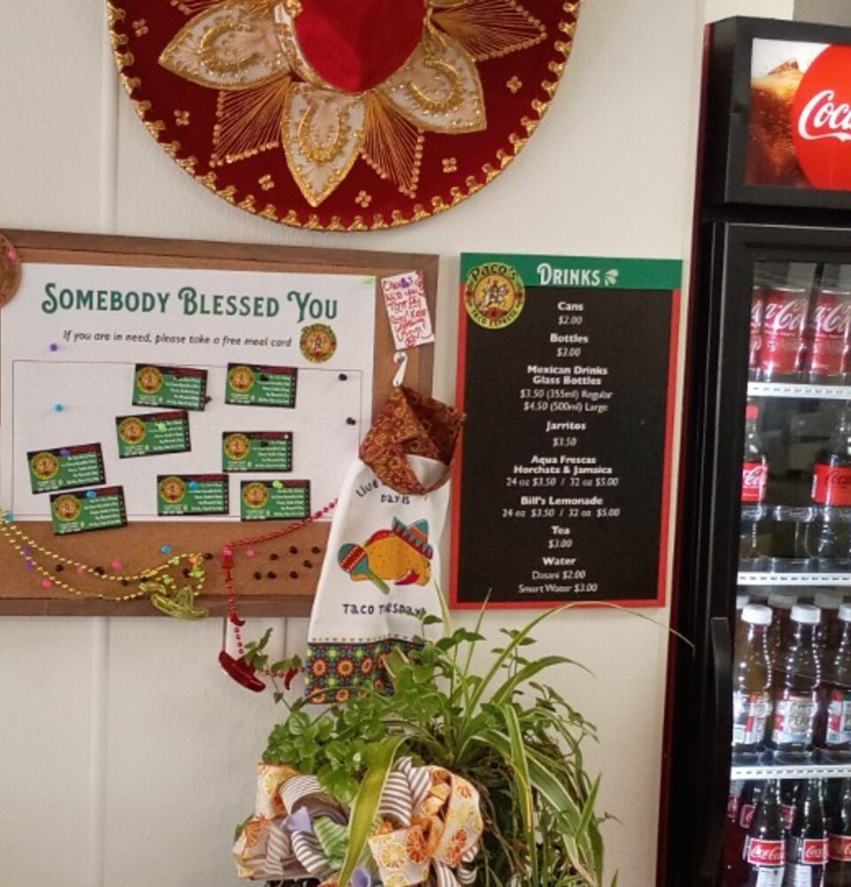 Paco's Somebody Blessed You pay-it-forward meal-card board