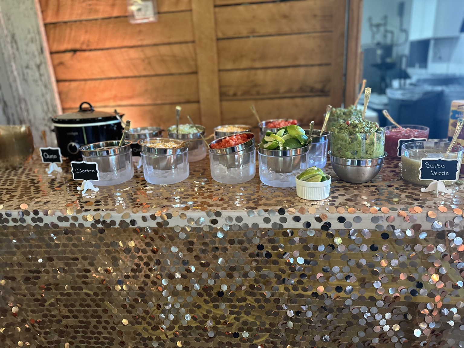 Paco's complete taco bar prepared for a catered event