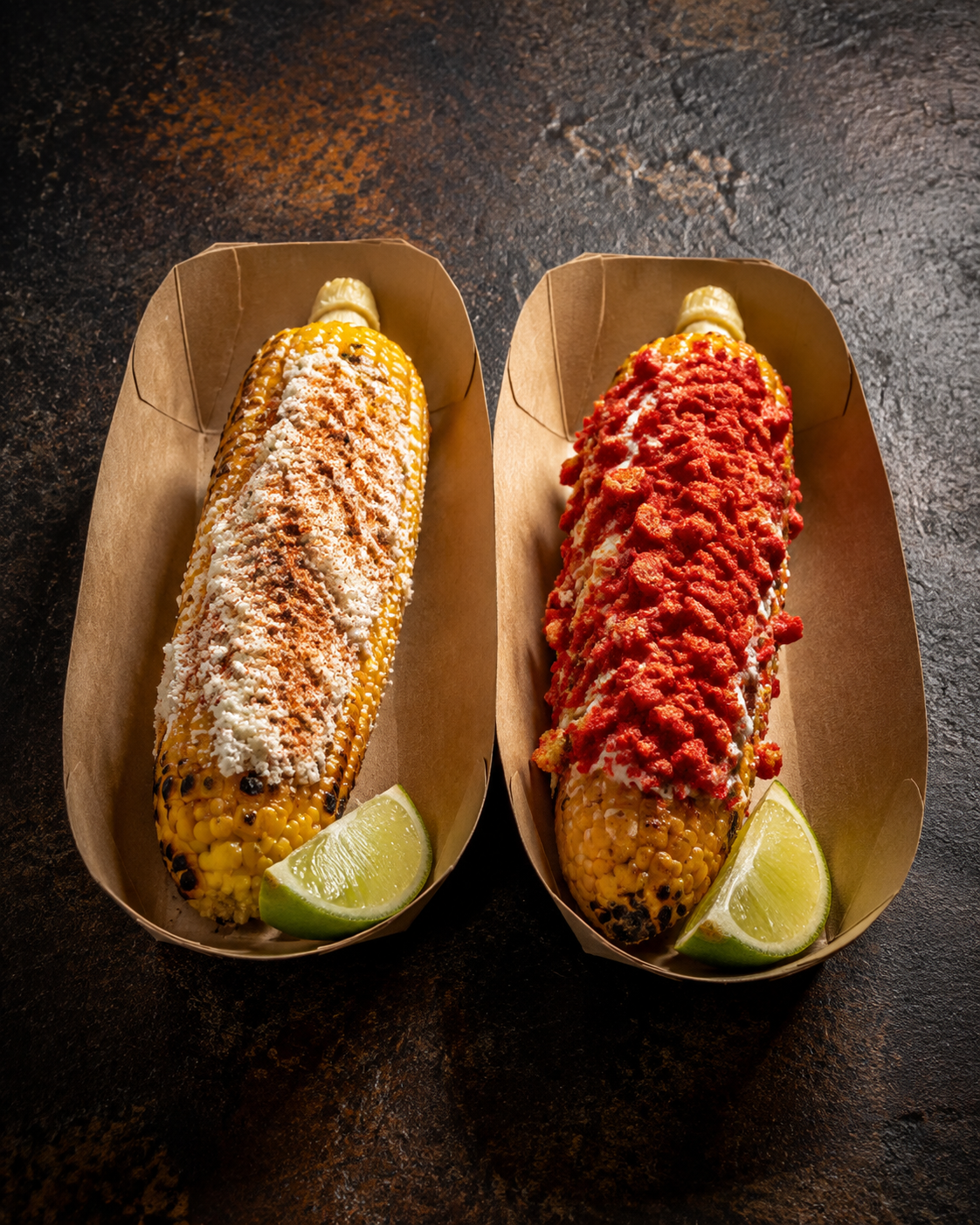 Classic Cotija elote beside Hot Cheetos elote in trays
