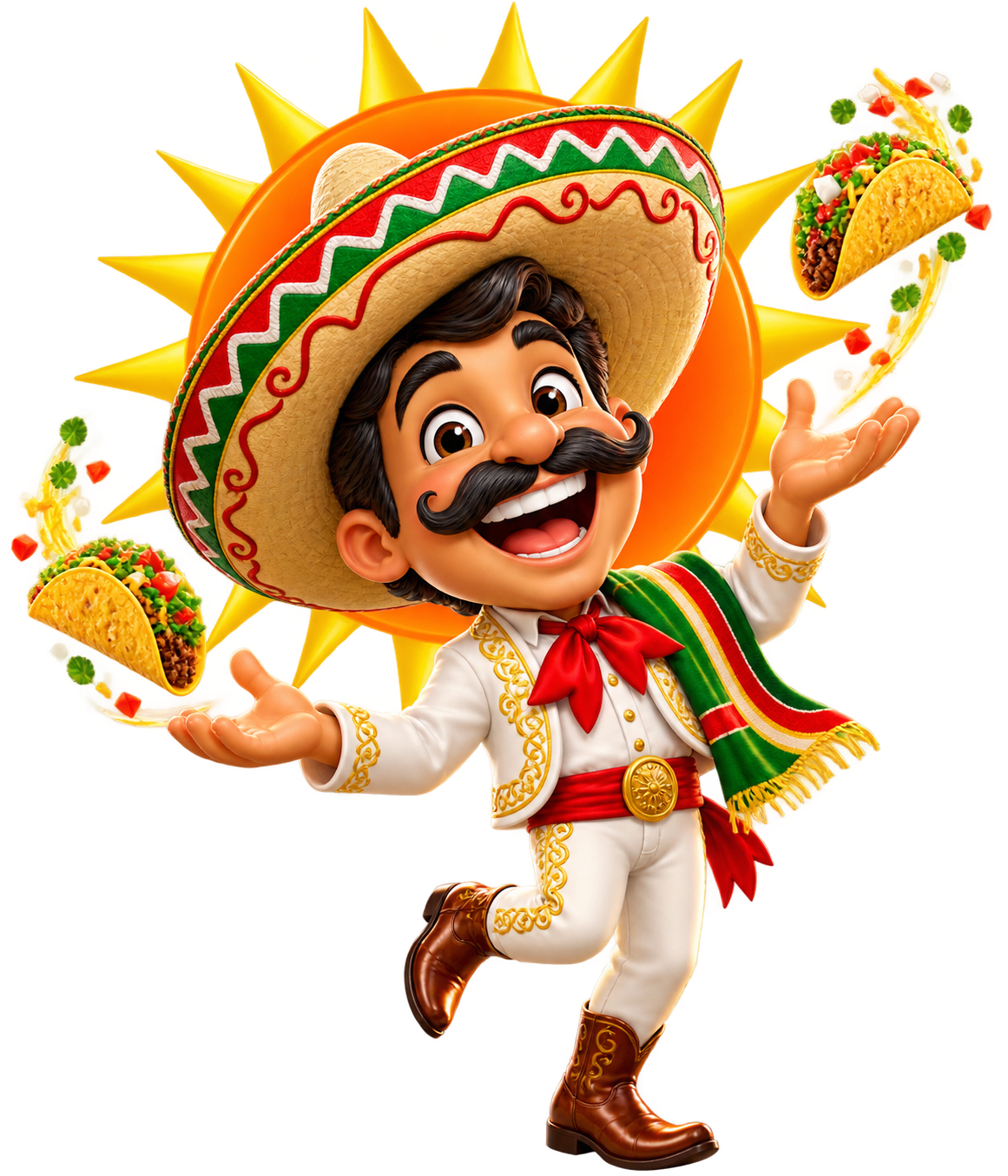 A smiling Paco's taco mascot in a sombrero tossing tacos